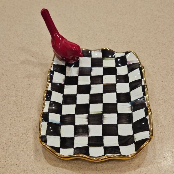 MACKENZIE CHILDS CARDINAL COURTLY CHECK AURORA CERAMIC TRAY RING HOLDER DISH - Picture 4 of 13